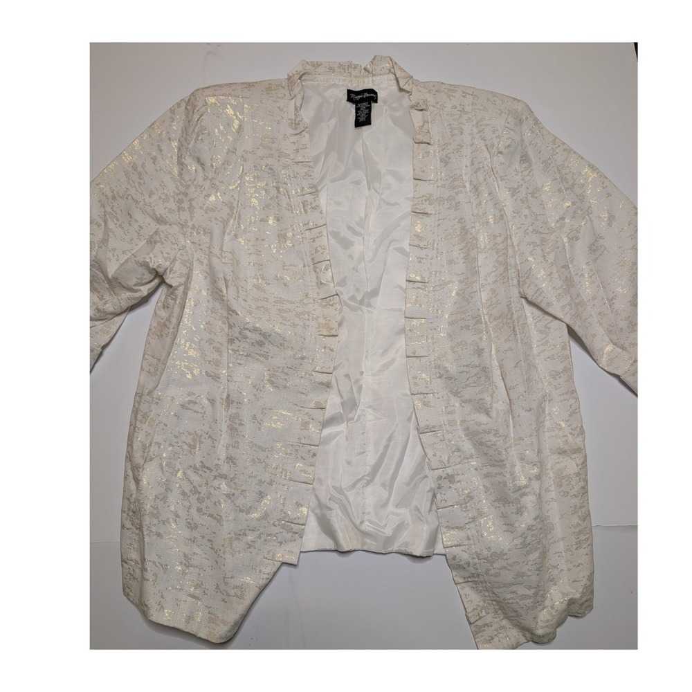 Maggie Barnes Womens 1X Gold Metallic Foil Ruffle Open Front Jacket‎ Linen Blend